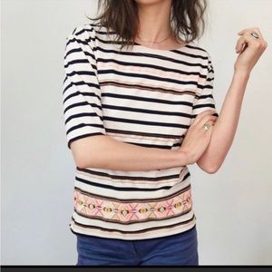 ⚓️J Crew Heavyweight Cream and Navy Stripe Embroidered Boatneck Tee size XS